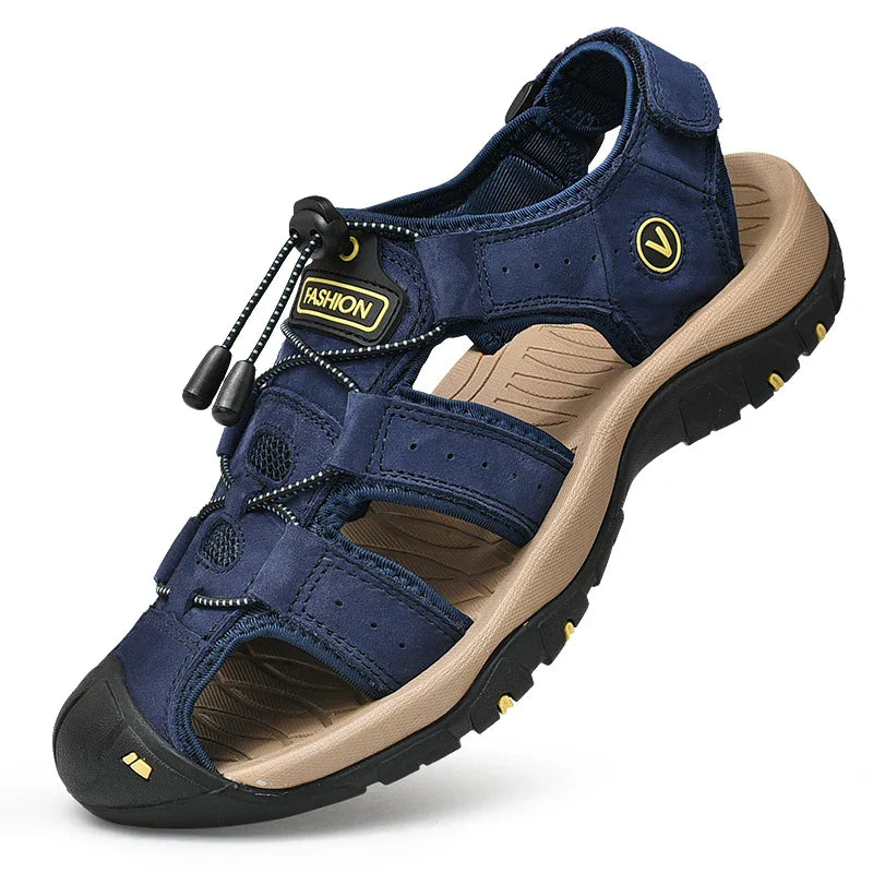 Men's closed-toe outdoor sandal with bungee lacing and ventilated sides