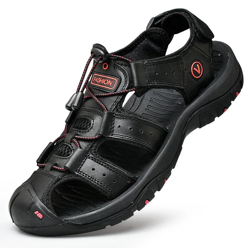 Men's closed-toe outdoor sandal with bungee lacing and ventilated sides
