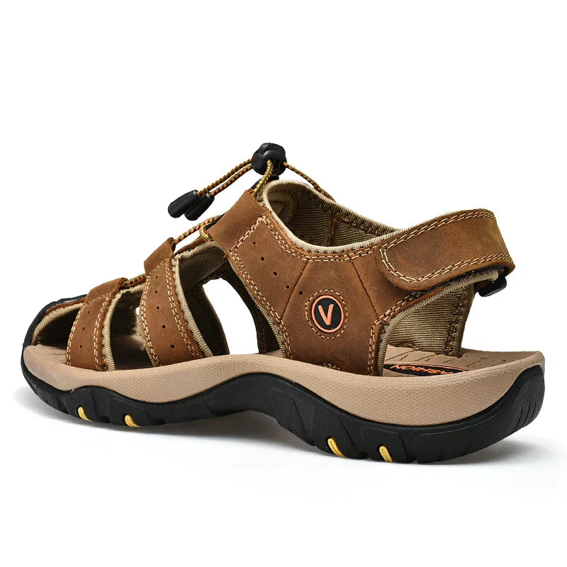 Men's closed-toe outdoor sandal with bungee lacing and ventilated sides