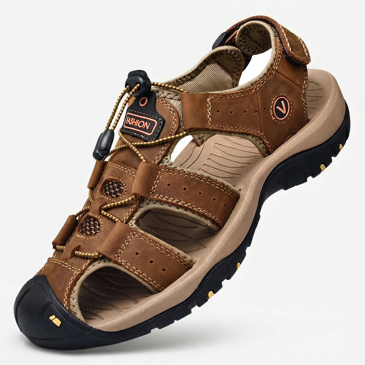 Men's closed-toe outdoor sandal with bungee lacing and ventilated sides
