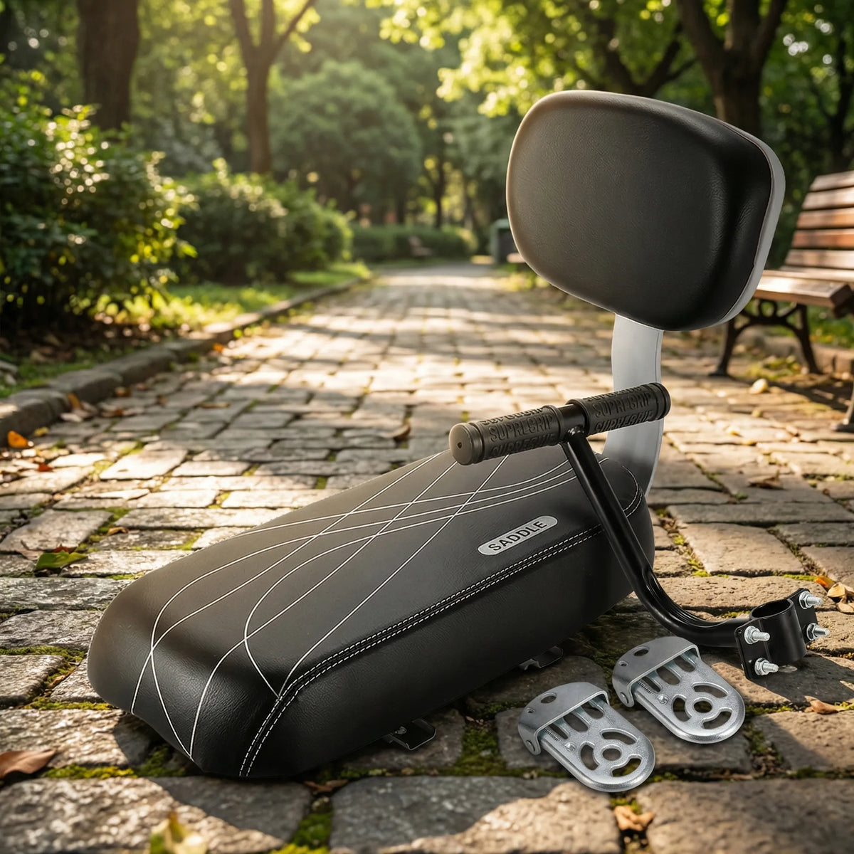 Rear child bike seat with padded backrest and foot supports