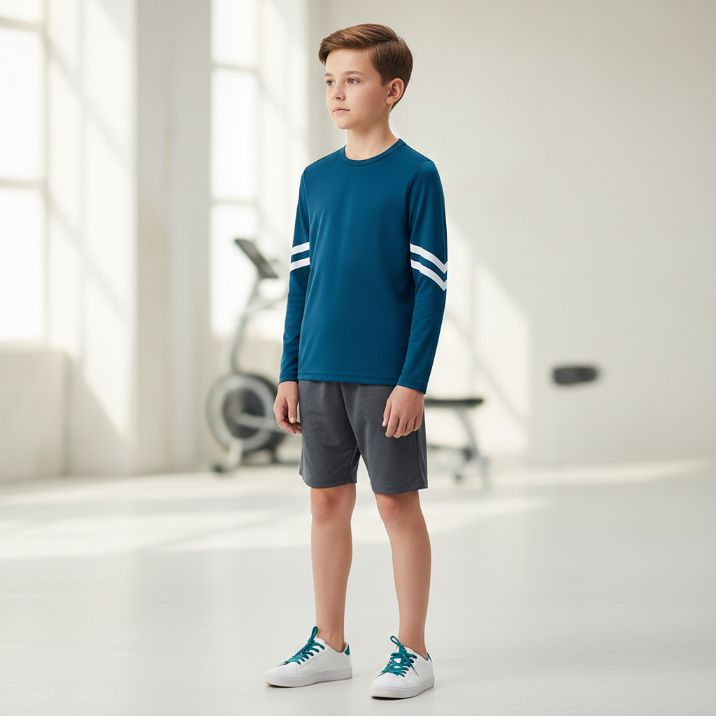 Kids long sleeve sports shirt with moisture-wicking fabric and sleeve stripes