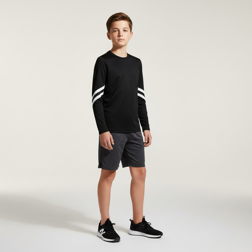 Kids long sleeve sports shirt with moisture-wicking fabric and sleeve stripes