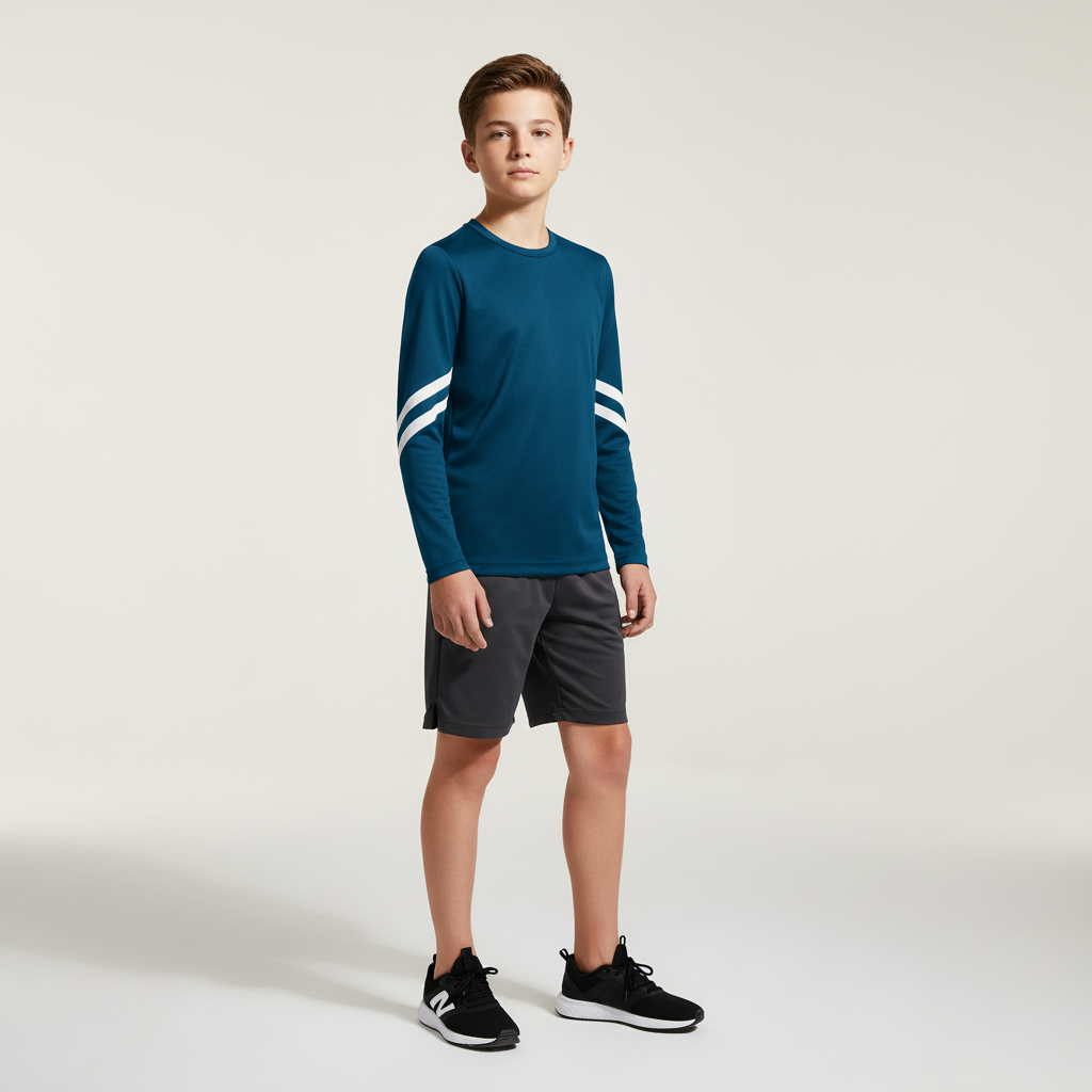 Kids long sleeve sports shirt with moisture-wicking fabric and sleeve stripes