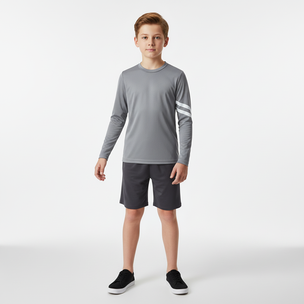 Kids long sleeve sports shirt with moisture-wicking fabric and sleeve stripes