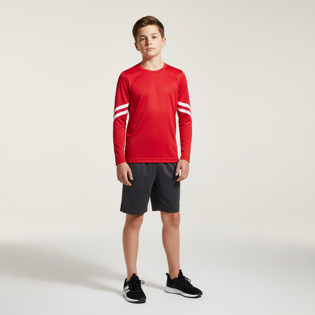 Kids long sleeve sports shirt with moisture-wicking fabric and sleeve stripes