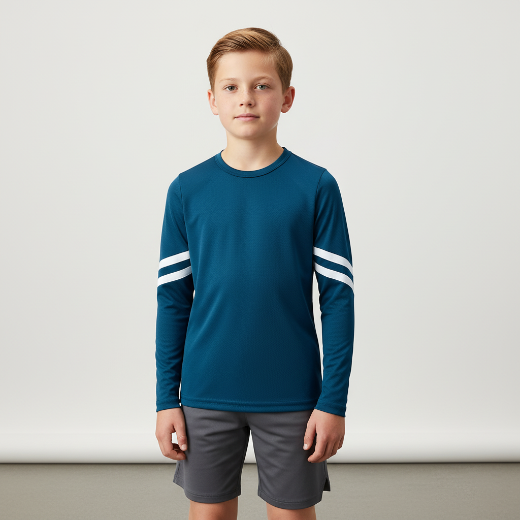 Kids long sleeve sports shirt with moisture-wicking fabric and sleeve stripes