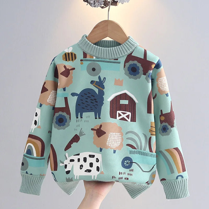 Kids cartoon print jumper with farm animals and tractors cosy thick knit