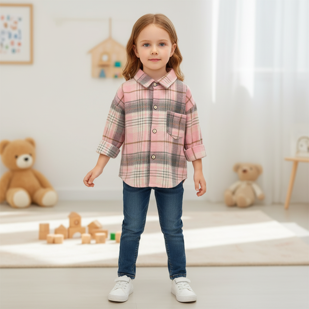 Kids checked long sleeve button shirt with soft broadcloth fabric