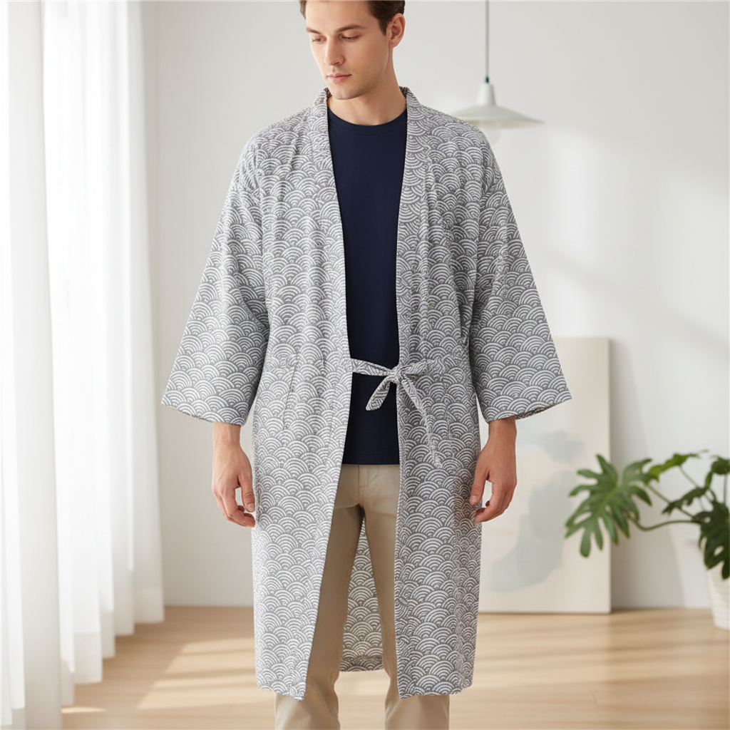 Lightweight kimono robe with V neck, breathable weave and geometric pattern
