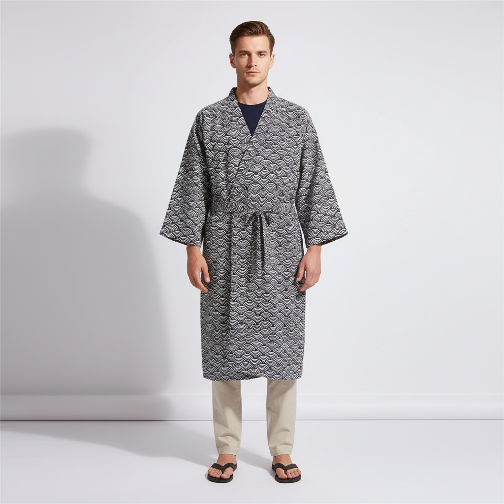 Lightweight kimono robe with V neck, breathable weave and geometric pattern