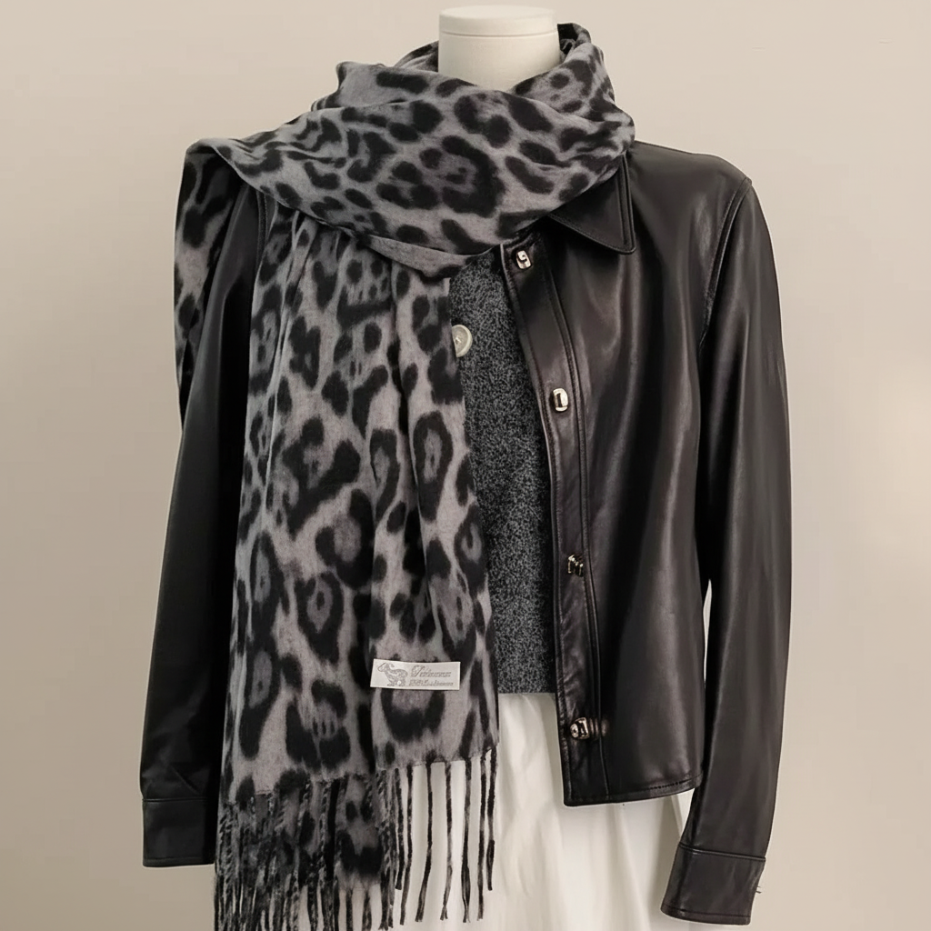Leopard print knit shawl with tassel detailing warm winter wrap
