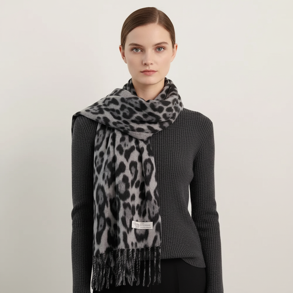 Leopard print knit shawl with tassel detailing warm winter wrap