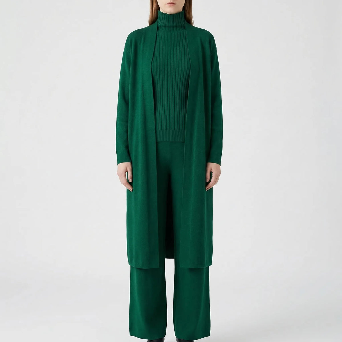 Women's knitted 3-piece set with cardigan, jumper, and trousers