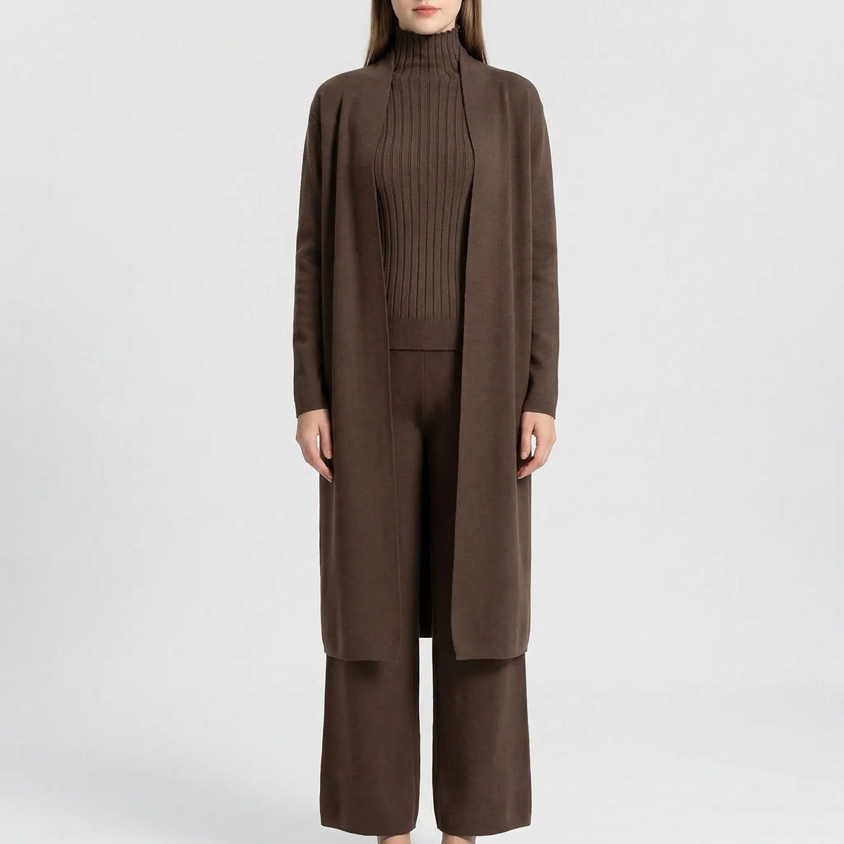 Women's knitted 3-piece set with cardigan, jumper, and trousers
