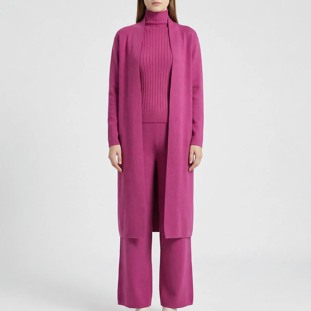 Women's knitted 3-piece set with cardigan, jumper, and trousers
