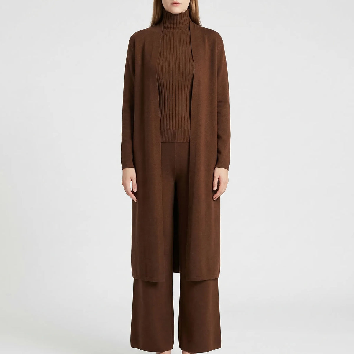 Women's knitted 3-piece set with cardigan, jumper, and trousers
