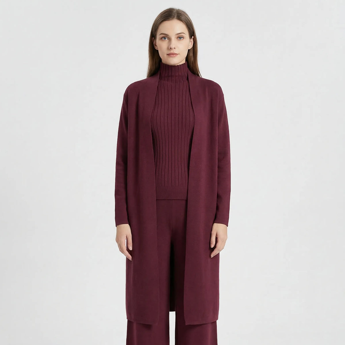 Women's knitted 3-piece set with cardigan, jumper, and trousers