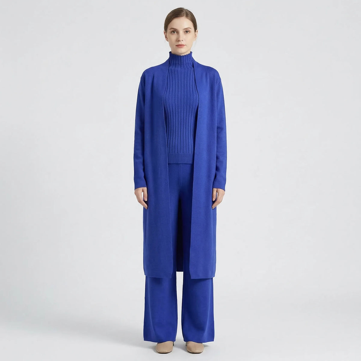 Women's knitted 3-piece set with cardigan, jumper, and trousers