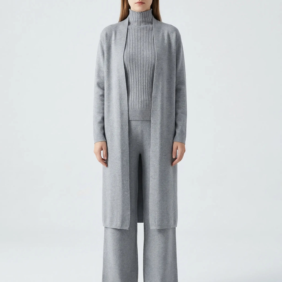 Women's knitted 3-piece set with cardigan, jumper, and trousers