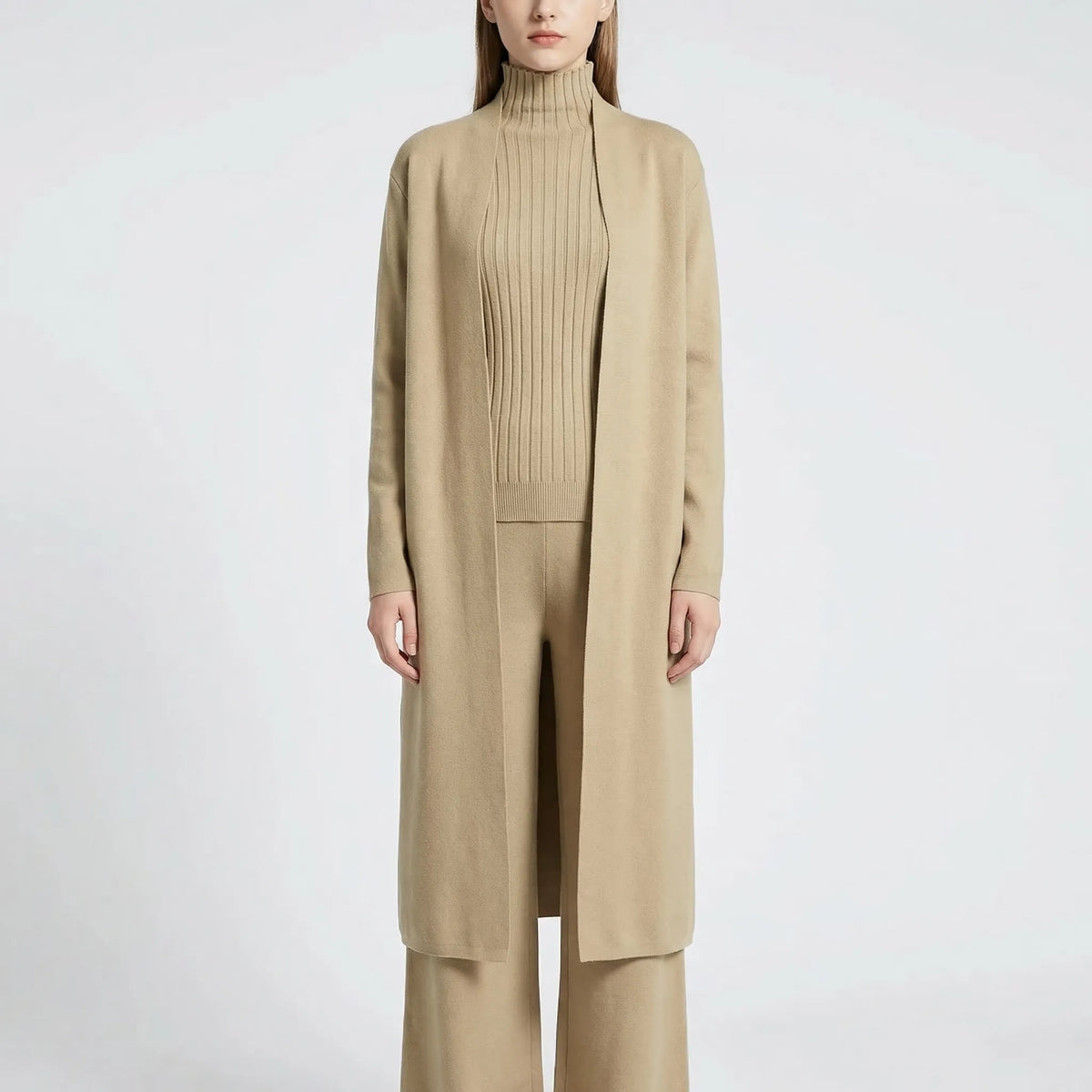 Women's knitted 3-piece set with cardigan, jumper, and trousers