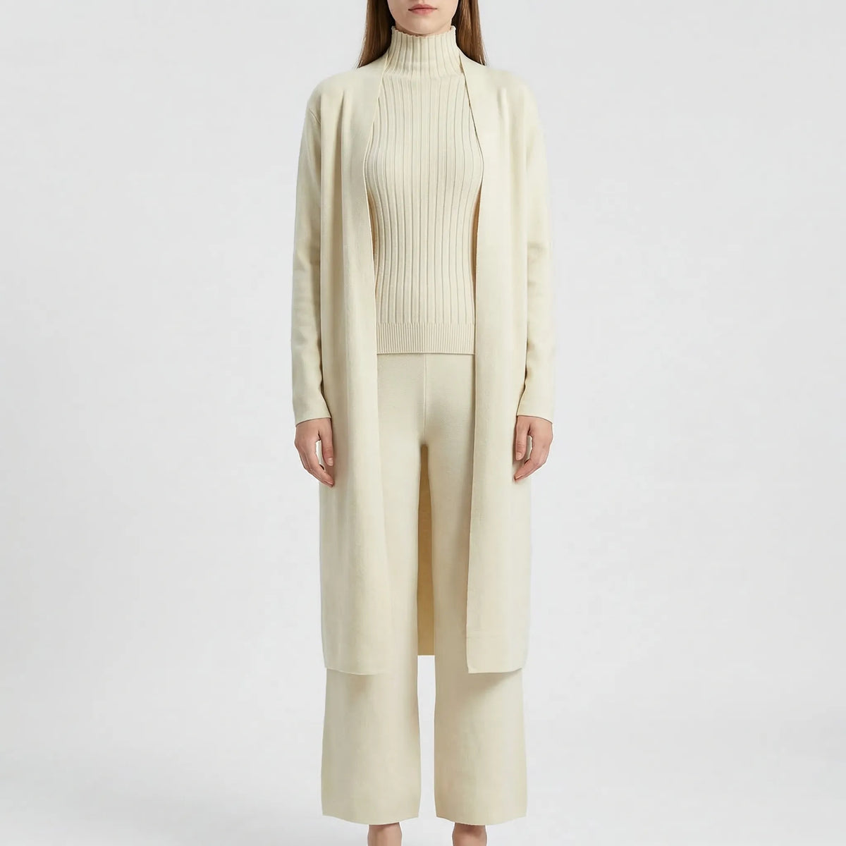 Women's knitted 3-piece set with cardigan, jumper, and trousers