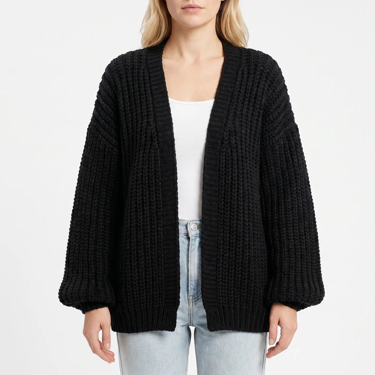 Women's chunky knit cardigan with lantern sleeves and open front