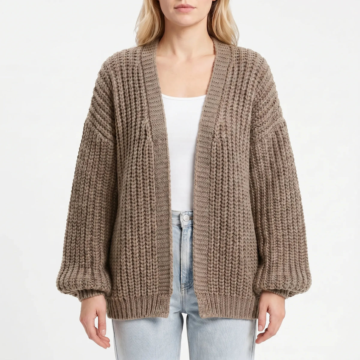 Women's chunky knit cardigan with lantern sleeves and open front