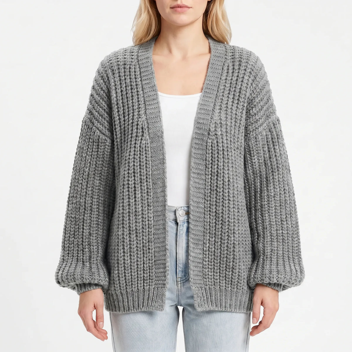 Women's chunky knit cardigan with lantern sleeves and open front