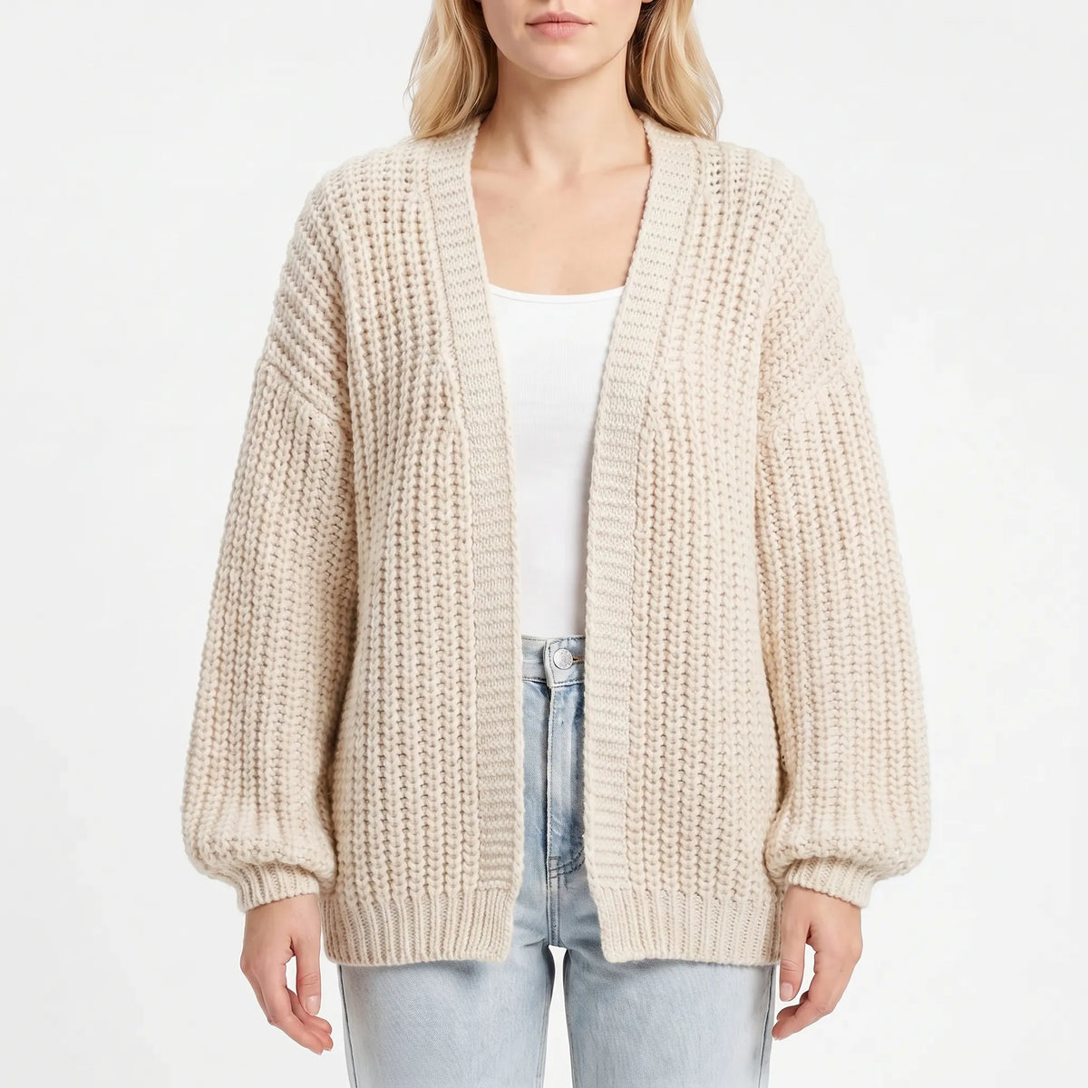 Women's chunky knit cardigan with lantern sleeves and open front
