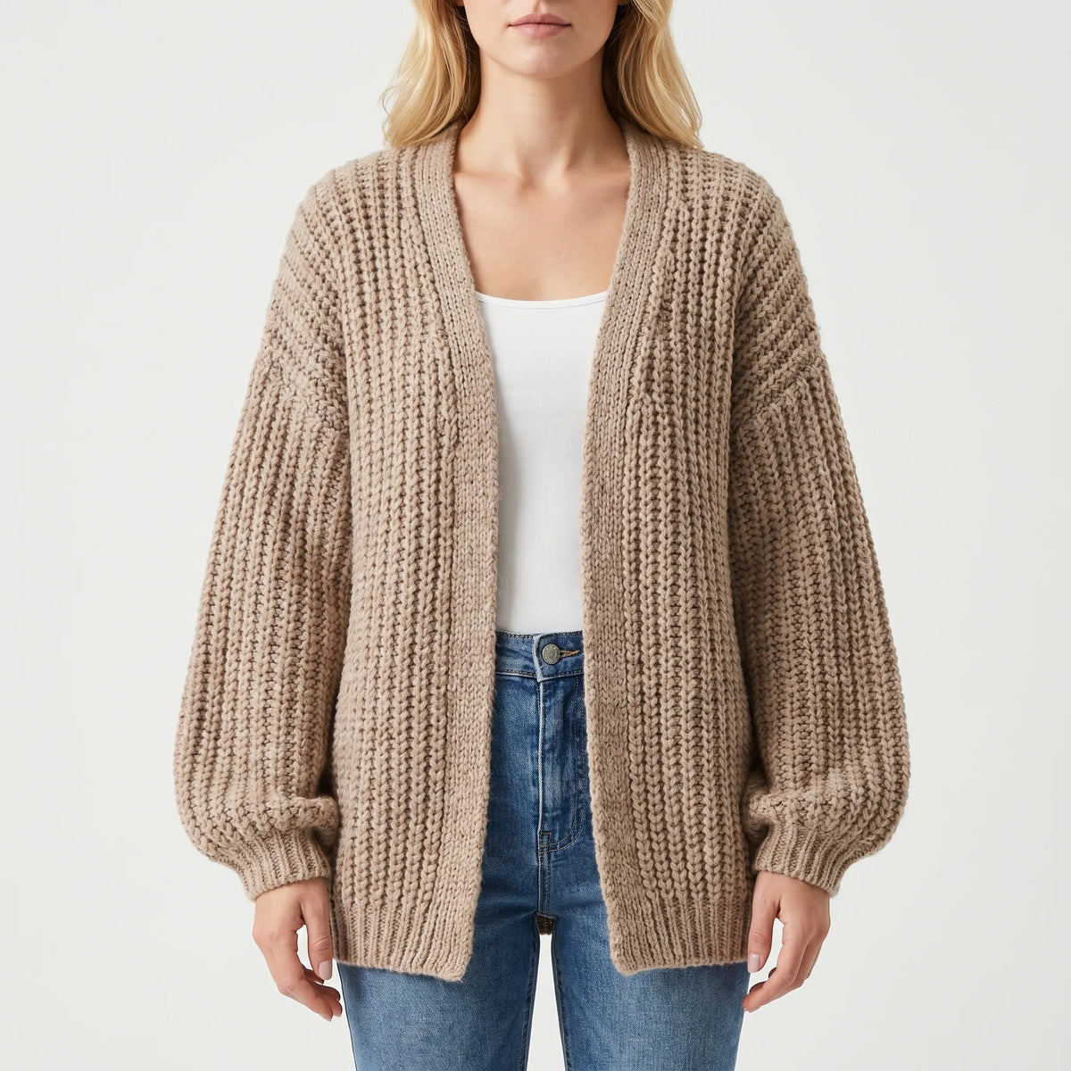 Women's chunky knit cardigan with lantern sleeves and open front