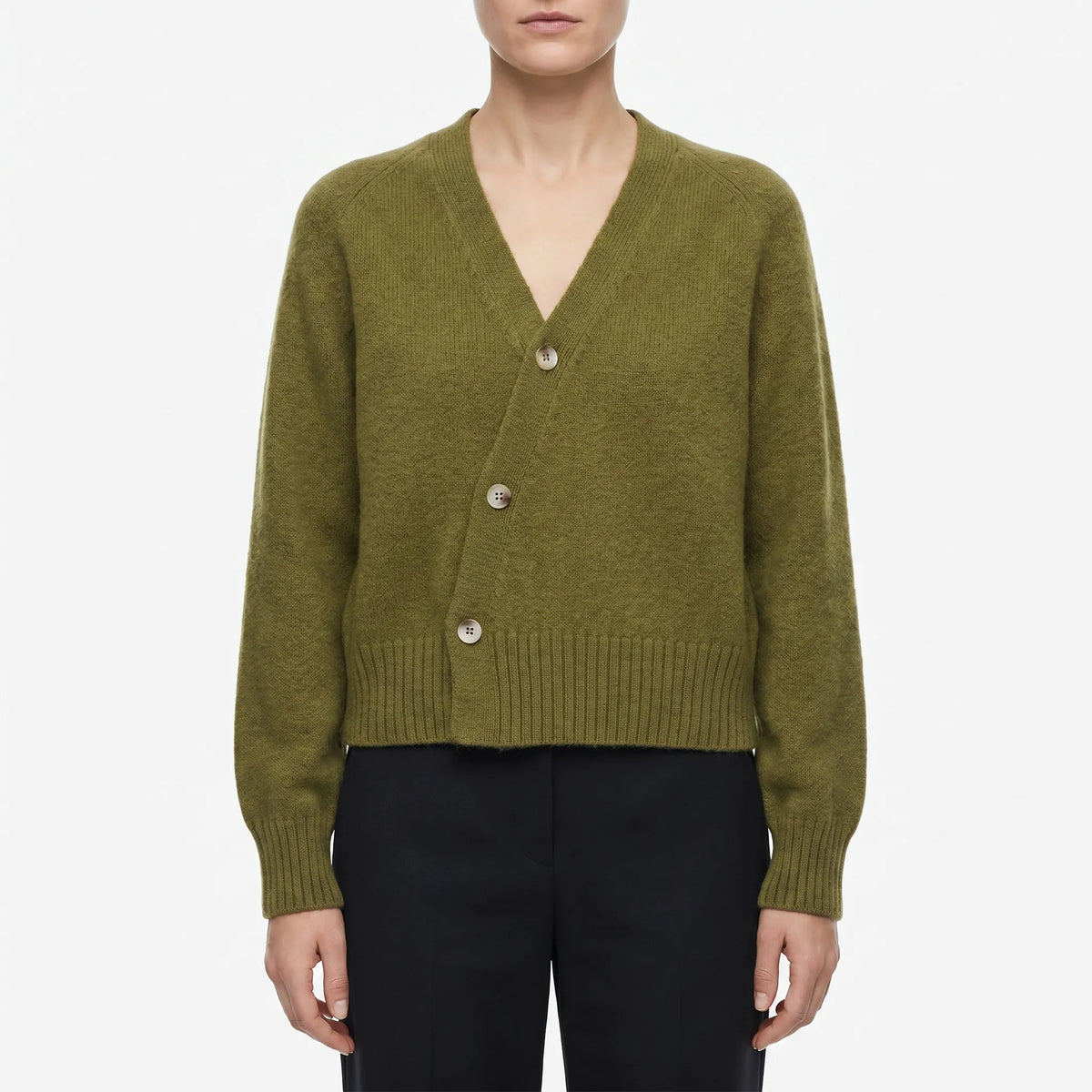 Women's asymmetrical knit cardigan with relaxed fit and cropped length