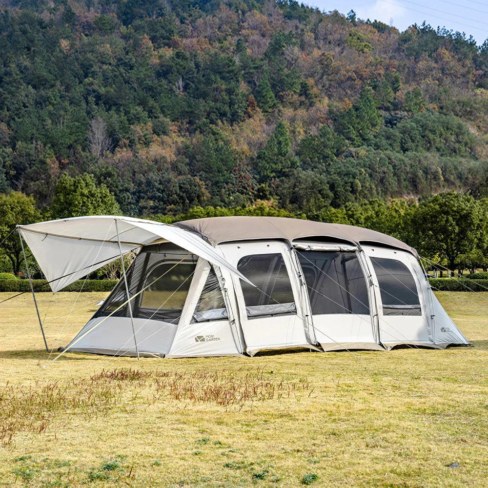 Spacious family tunnel tent with large community area and covered entrance