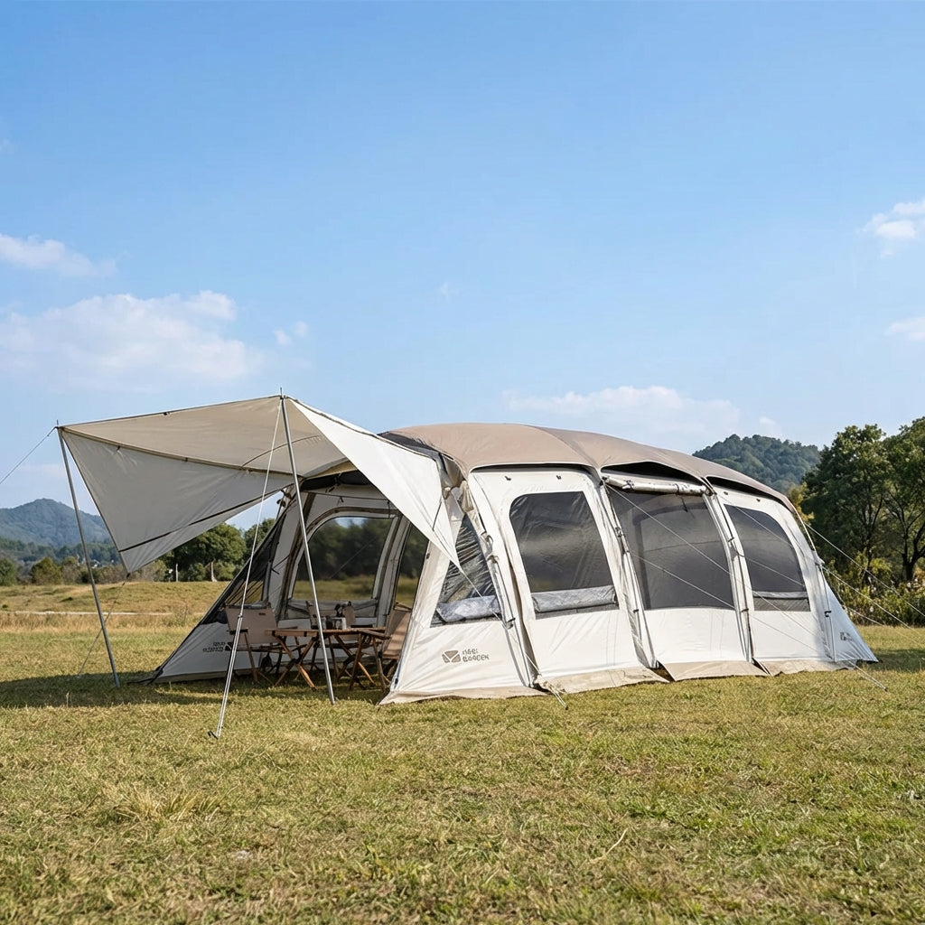 Spacious family tunnel tent with large community area and covered entrance