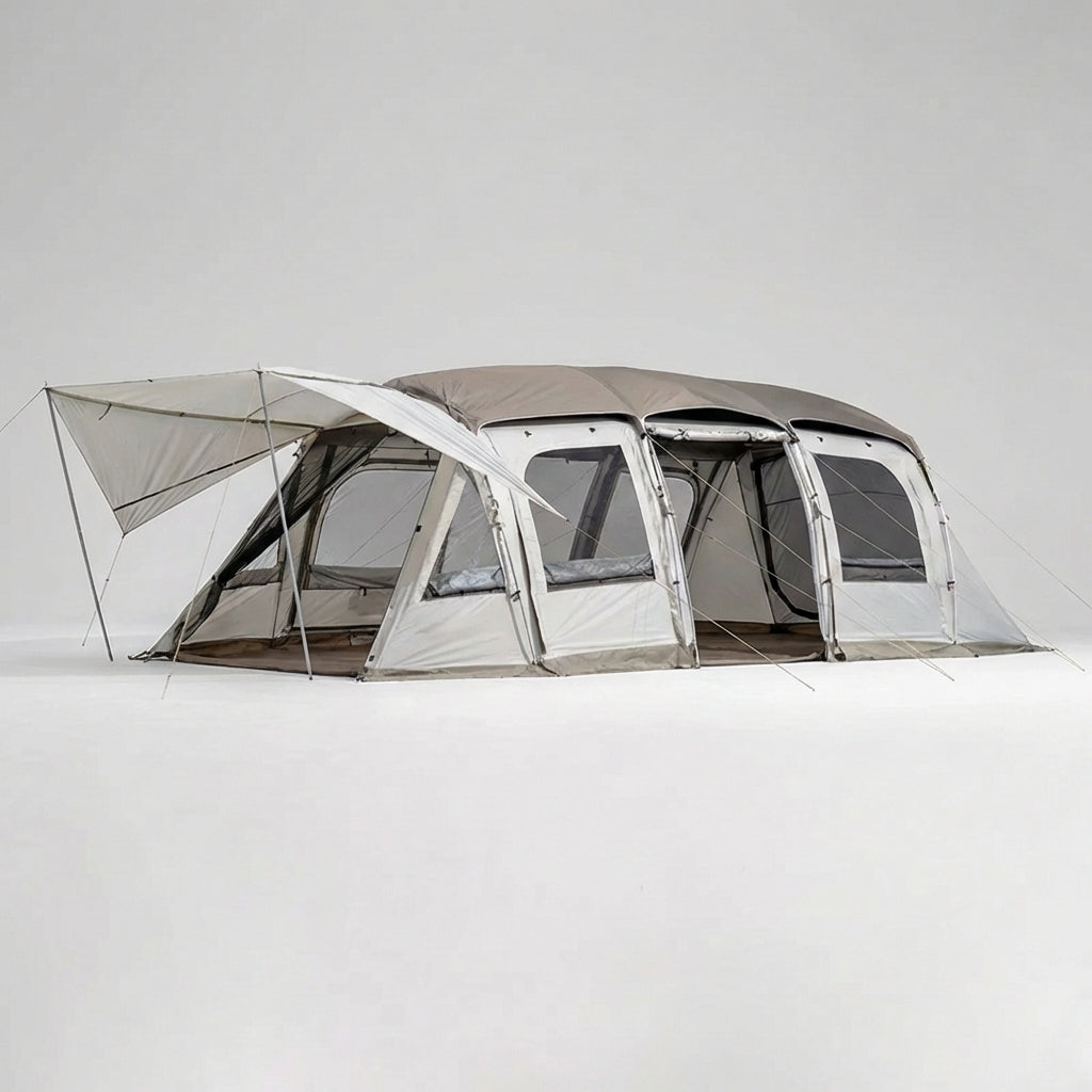 Spacious family tunnel tent with large community area and covered entrance