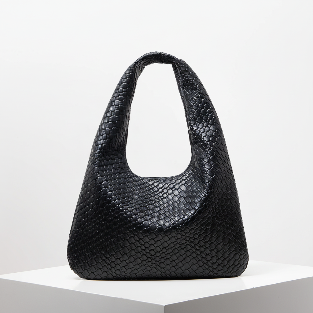 Crescent shoulder bag with faux woven leather finish and wide strap