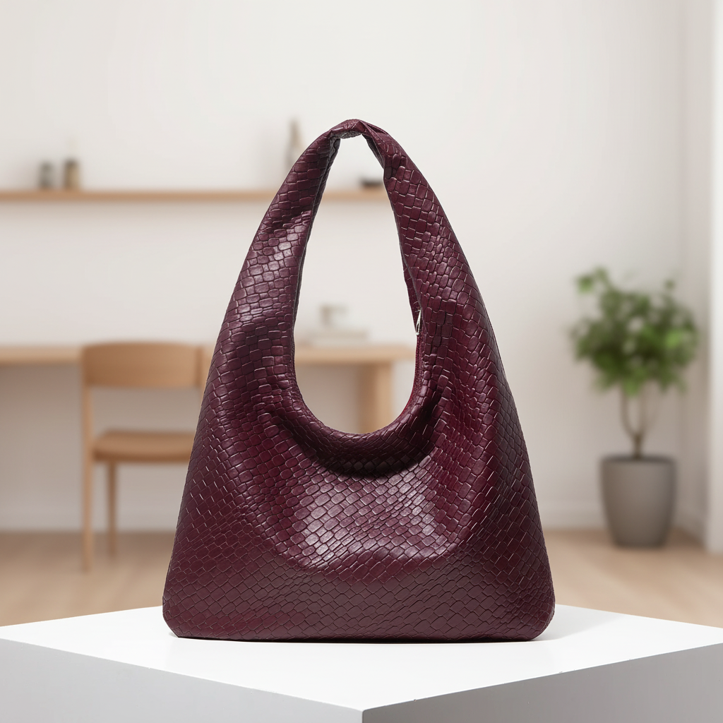 Crescent shoulder bag with faux woven leather finish and wide strap