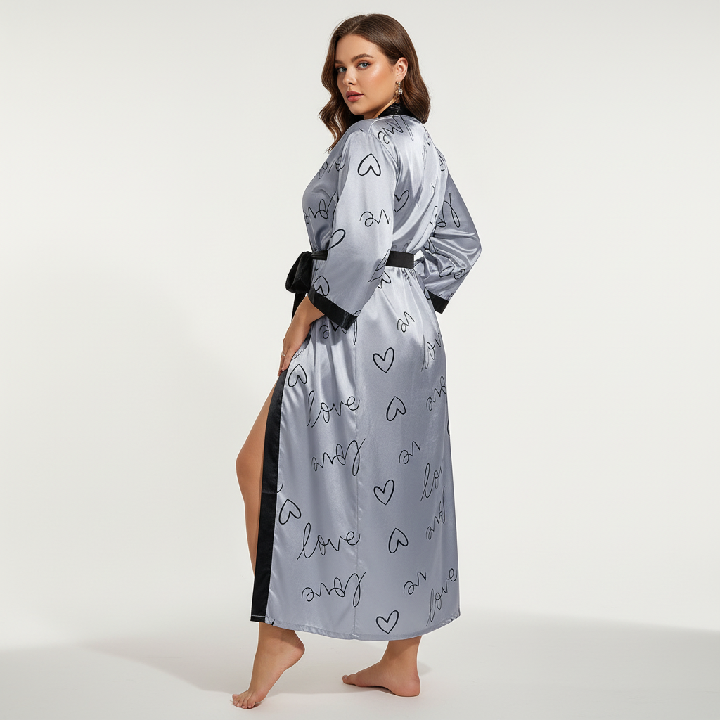 Plus size long kimono robe with bold leopard print and waist tie