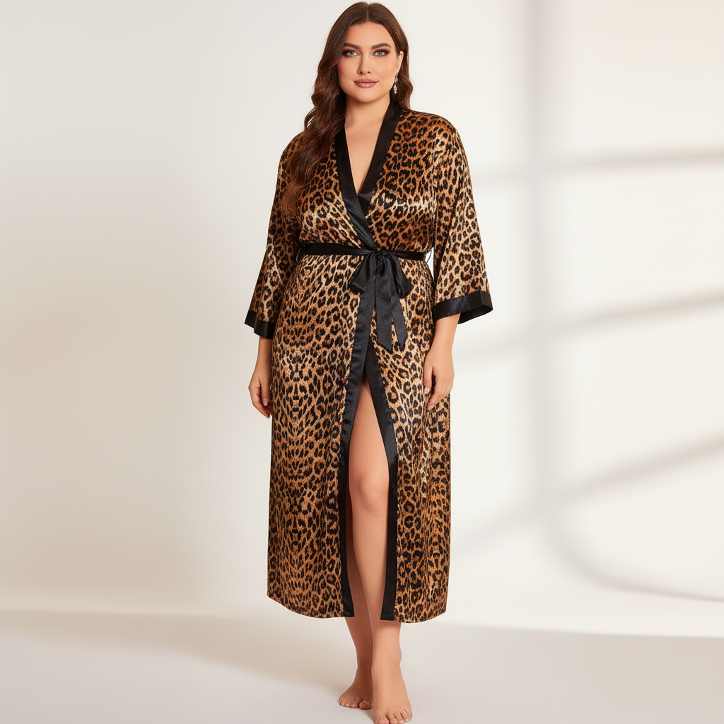 Plus size long kimono robe with bold leopard print and waist tie