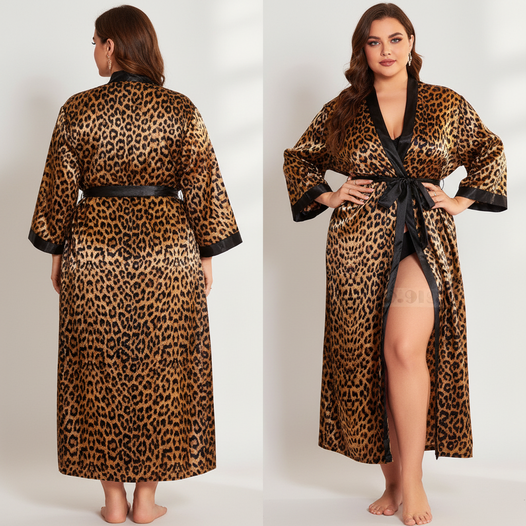Plus size long kimono robe with bold leopard print and waist tie