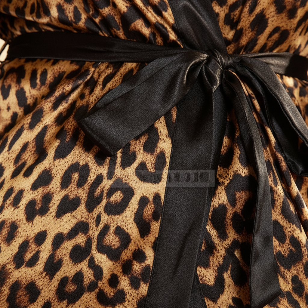 Plus size long kimono robe with bold leopard print and waist tie