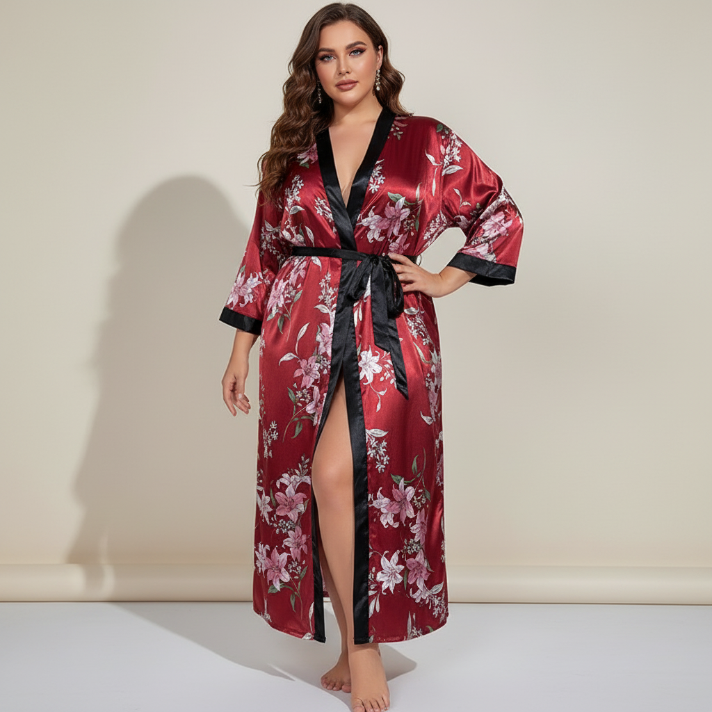 Plus size long kimono robe with bold leopard print and waist tie