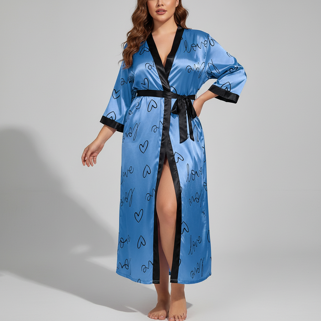 Plus size long kimono robe with bold leopard print and waist tie