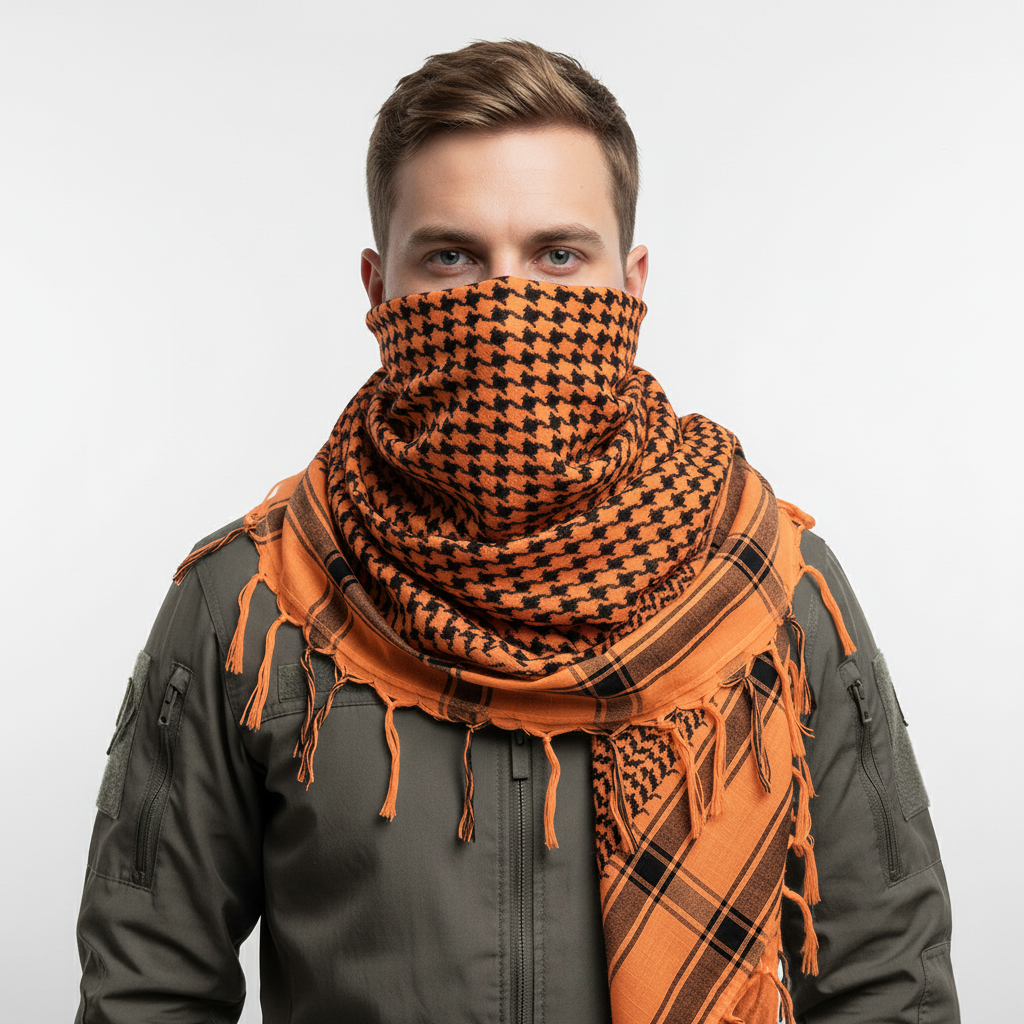 Lightweight acrylic tactical scarf with plaid weave for sun and dust protection
