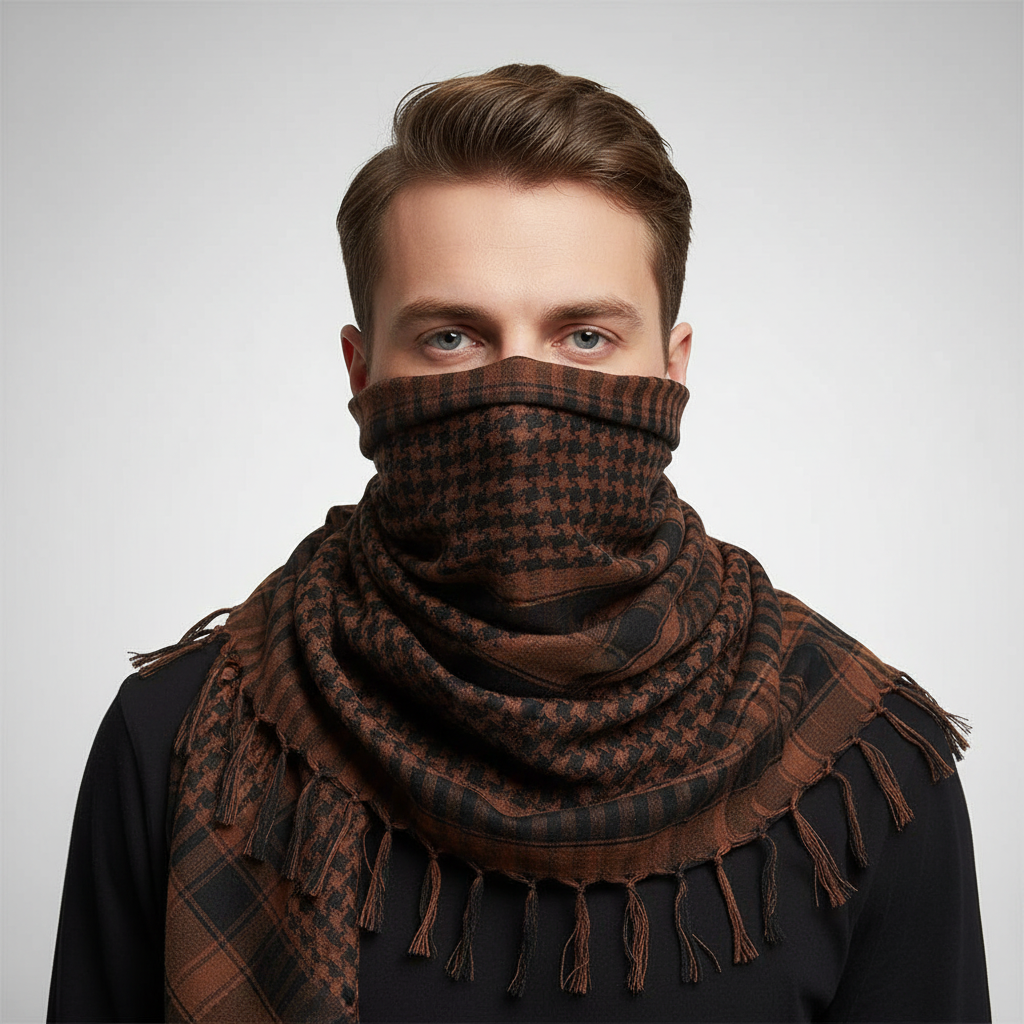 Lightweight acrylic tactical scarf with plaid weave for sun and dust protection
