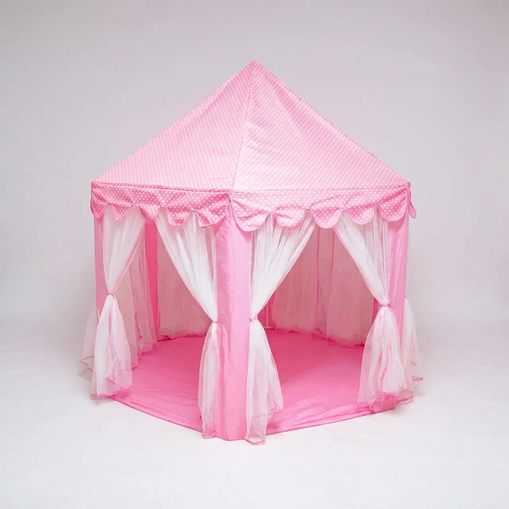 Portable pink princess play tent with star lights and soft drapes
