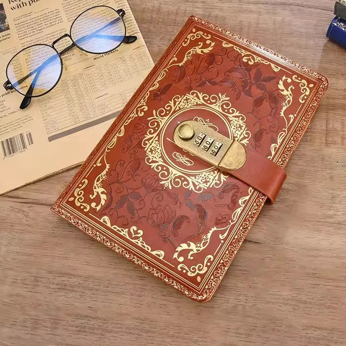 Retro A5 journal with combination lock and embossed vintage cover