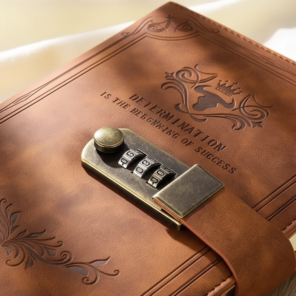Lockable A5 journal with vintage embossed cover and combination lock