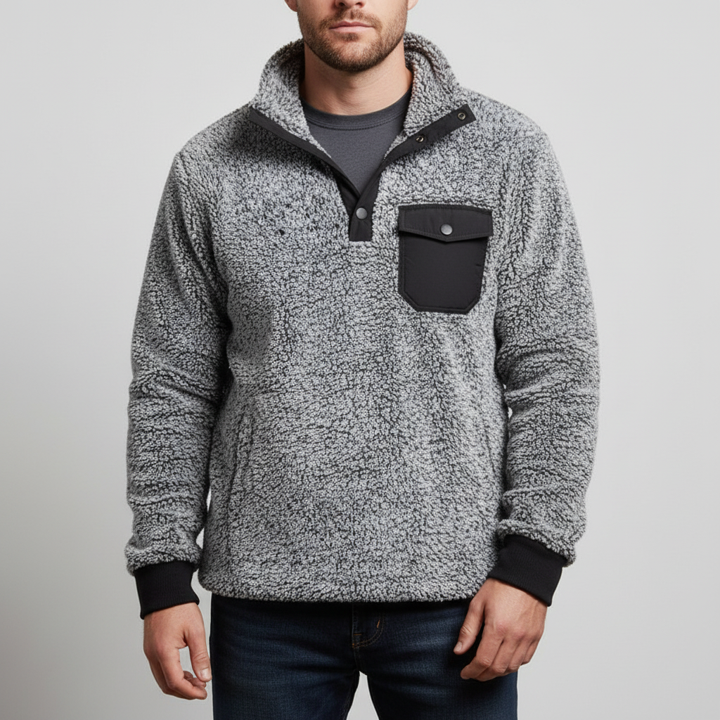 Long-sleeve fleece hoodie with classic pattern and chest pocket
