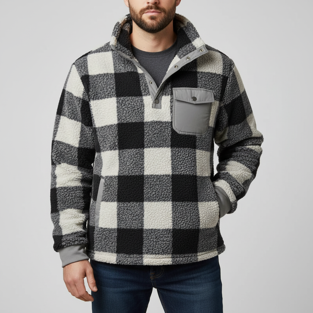 Long-sleeve fleece hoodie with classic pattern and chest pocket